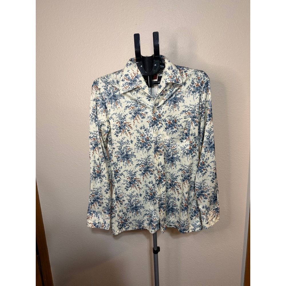 Vintage JCPenney The Mens Shop 70s Floral Disco Shirt Blue Tan Cream Polyester M